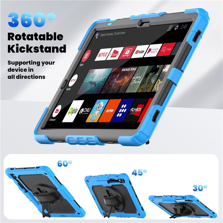 For Samsung Galaxy Tab S9 FE+ SM-X610 SM-X616B Tablet Cover PC+Silicone Case with PET Screen Protector and Kickstand - Black+Blue