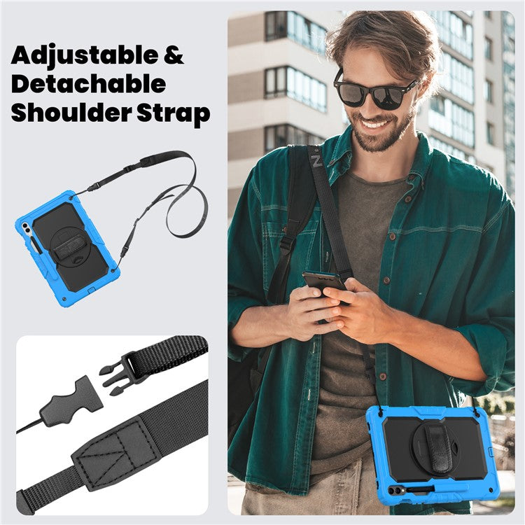 For Samsung Galaxy Tab S9 FE+ SM-X610 SM-X616B Tablet Cover PC+Silicone Case with PET Screen Protector and Kickstand - Black+Blue