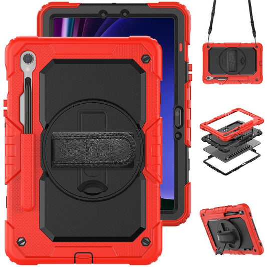 For Samsung Galaxy Tab S9 FE SM-X510 SM-X516B PC+Silicone Cover  Kickstand Tablet Case with PET Screen Protector and Hand Strap - Black+Red