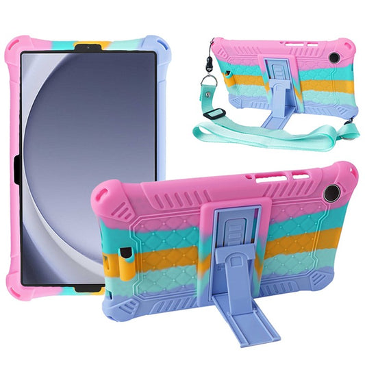 For Samsung Galaxy Tab A9 Retro Texture Silicone Case Kickstand Tablet Cover with Shoulder Strap - Colorful Pink