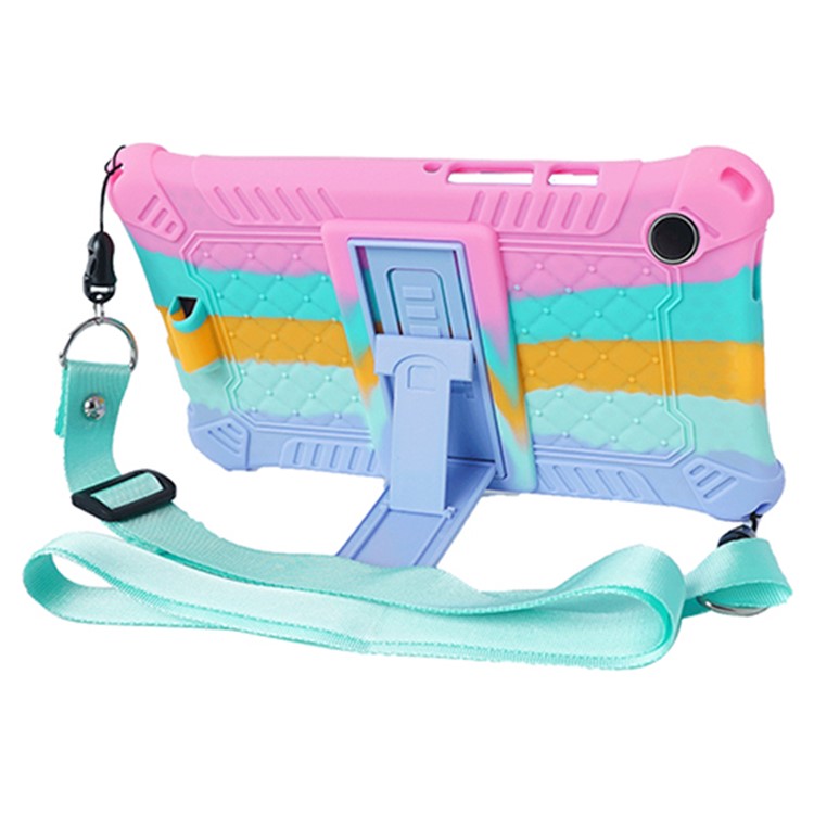For Samsung Galaxy Tab A9 Retro Texture Silicone Case Kickstand Tablet Cover with Shoulder Strap - Colorful Pink