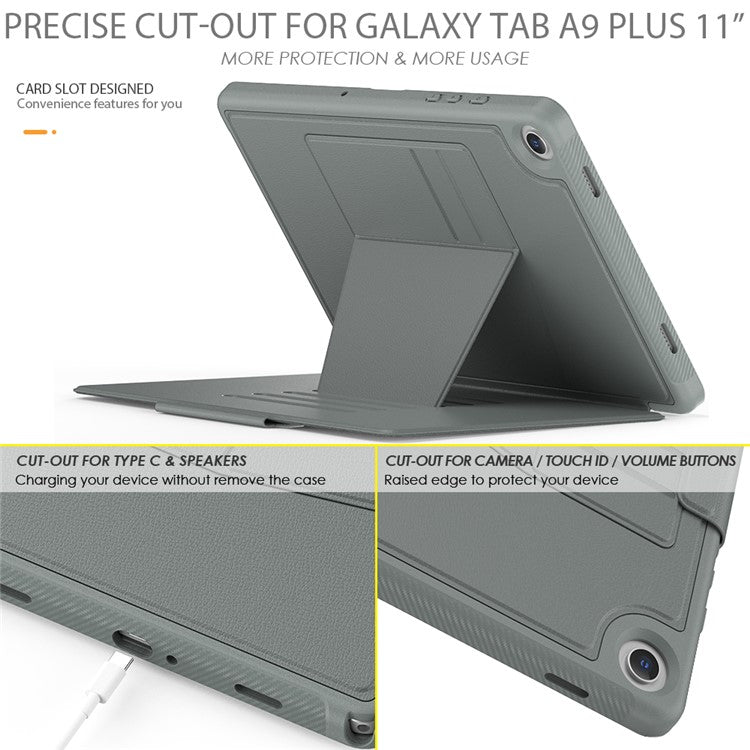 For Samsung Galaxy Tab A9+ SM-X210 / X216 / X218 Kickstand Case Card Slot Tablet Leather Cover - Grey