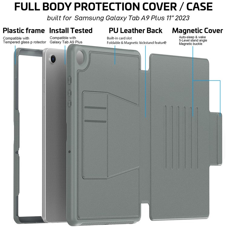 For Samsung Galaxy Tab A9+ SM-X210 / X216 / X218 Kickstand Case Card Slot Tablet Leather Cover - Grey