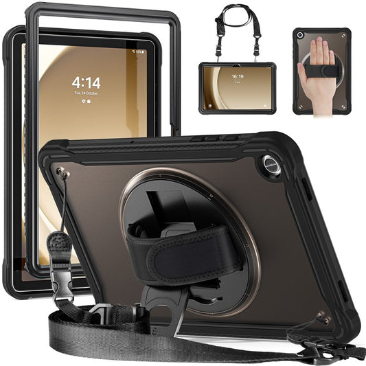 For Samsung Galaxy Tab A9+ Kickstand Tablet Case with Shoulder Strap Hand Strap - Transparent Black