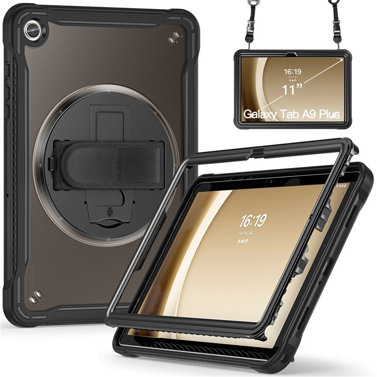 For Samsung Galaxy Tab A9+ Kickstand Tablet Case with Shoulder Strap Hand Strap - Transparent Black