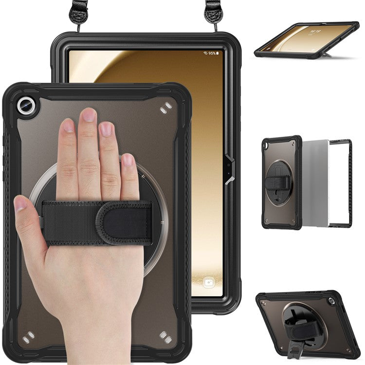 For Samsung Galaxy Tab A9+ Kickstand Tablet Case with Shoulder Strap Hand Strap - Transparent Black
