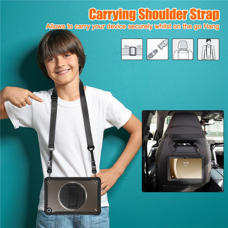 For Samsung Galaxy Tab A9+ Kickstand Tablet Case with Shoulder Strap Hand Strap - Transparent Black
