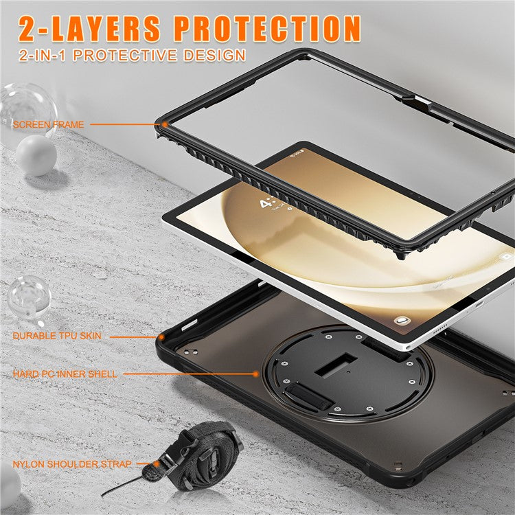For Samsung Galaxy Tab A9+ Kickstand Tablet Case with Shoulder Strap Hand Strap - Transparent Black