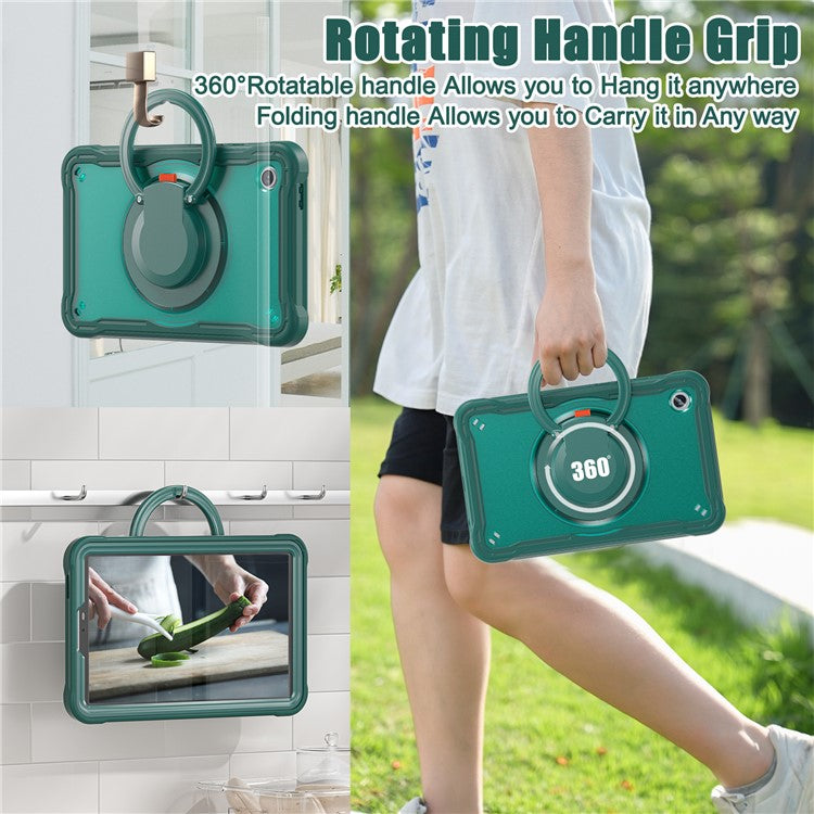 For Samsung Galaxy Tab A9 SM-X110 / X115 / X117 Kickstand Case Tablet Cover Rotating Handle Grip - Midnight Green