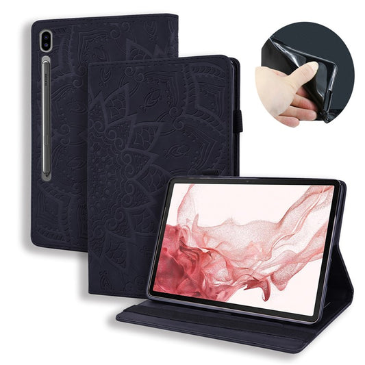 For Samsung Galaxy Tab S9 FE+ Tablet Case Card Slots Leather Cover Flower Pattern - Black