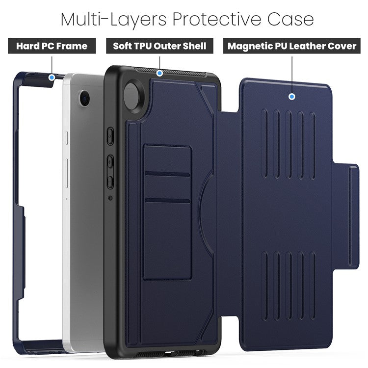 For Samsung Galaxy Tab A9 (SM-X110  /  X115) Case 5-Level Adjustable Stand Tablet Cover with Card Holder and Pen Slot - Navy Blue