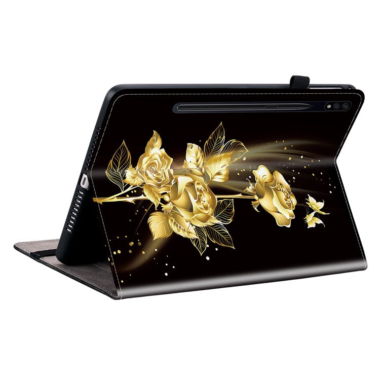 For Samsung Galaxy Tab S7+ / S7 FE / S8+ Case PU Leather Flip Cover Pattern Printing Anti-Drop Tablet Shell - Gold Butterfly Rose