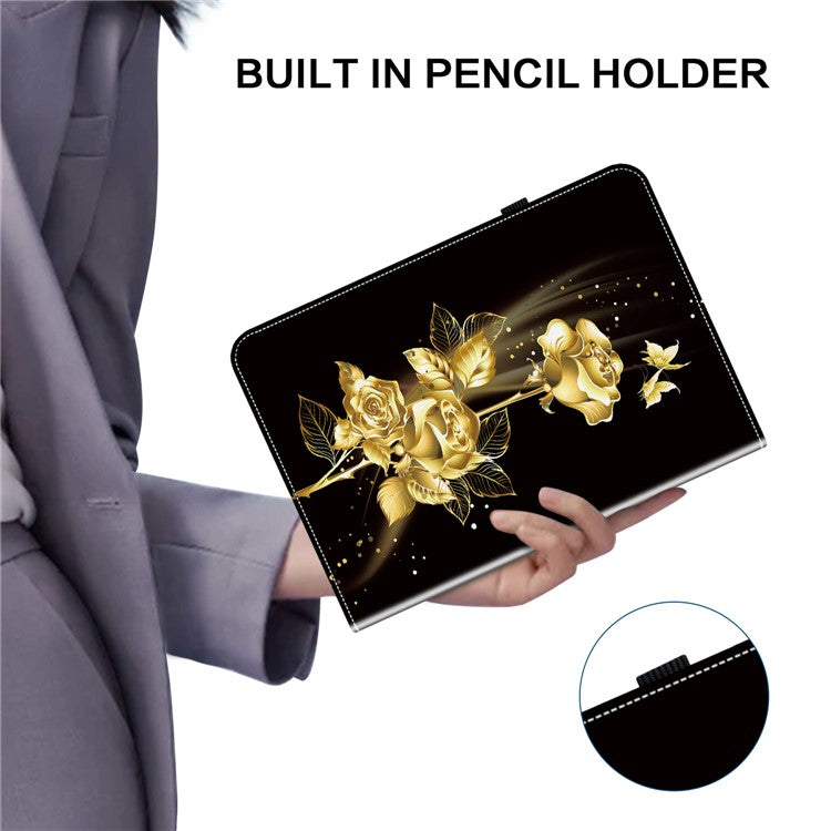 For Samsung Galaxy Tab S7+ / S7 FE / S8+ Case PU Leather Flip Cover Pattern Printing Anti-Drop Tablet Shell - Gold Butterfly Rose