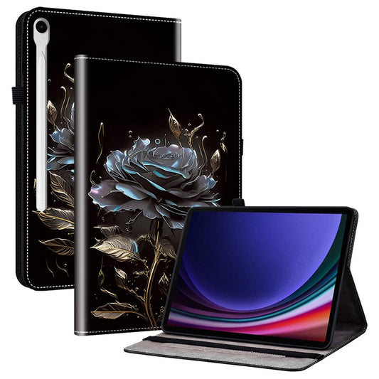 For Samsung Galaxy Tab S10 / S9 Tablet Case Anti-Drop Leather Flip Stand Pattern Printing Shell - Black Rose