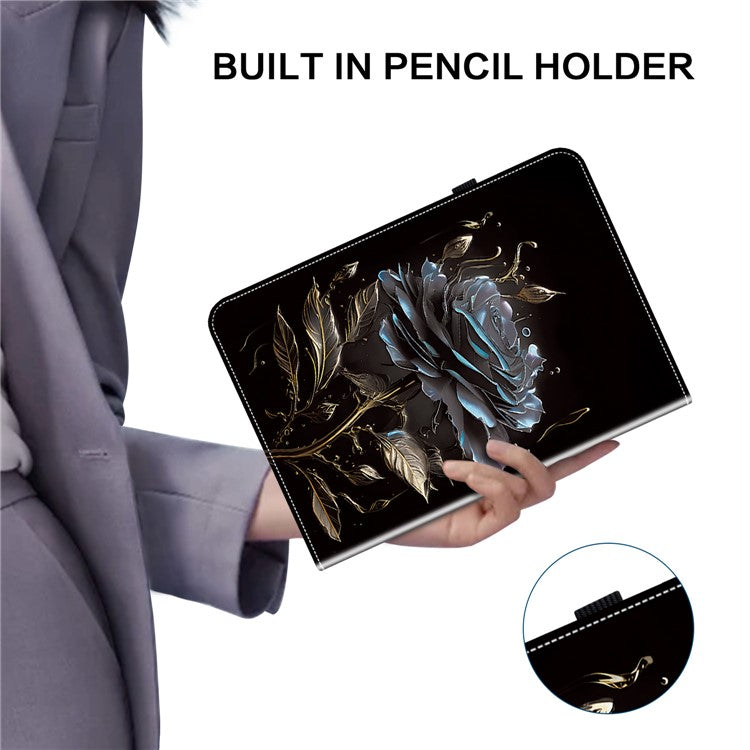 For Samsung Galaxy Tab S9 FE Cover Flip Card Holder Tablet Protective Case Pattern Printing Design - Black Rose
