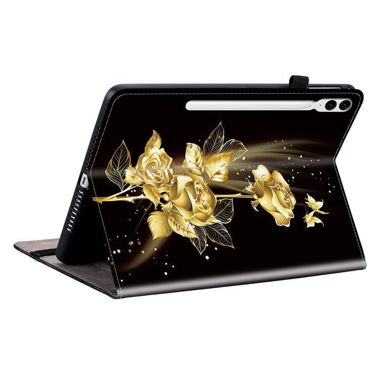 For Samsung Galaxy Tab S10+ / S9+ / Tab S9 FE+ Case Flip Pattern Printing Card Holder Tablet Shell - Gold Butterfly Rose