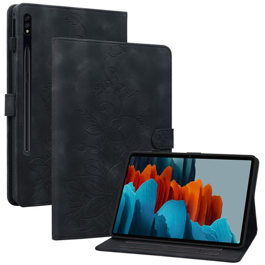 For Samsung Galaxy Tab S7+ / S7 FE / S8+ Case Lily Flower Imprint Card Slots PU Leather Tablet Cover - Black
