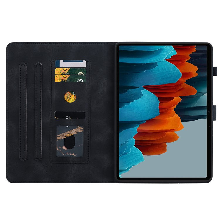 For Samsung Galaxy Tab S7+ / S7 FE / S8+ Case Lily Flower Imprint Card Slots PU Leather Tablet Cover - Black