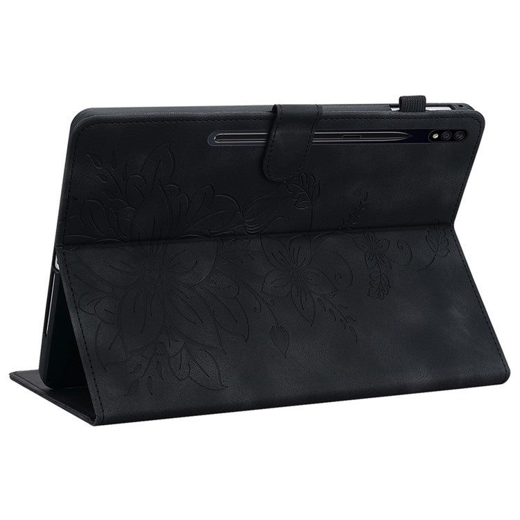 For Samsung Galaxy Tab S7+ / S7 FE / S8+ Case Lily Flower Imprint Card Slots PU Leather Tablet Cover - Black