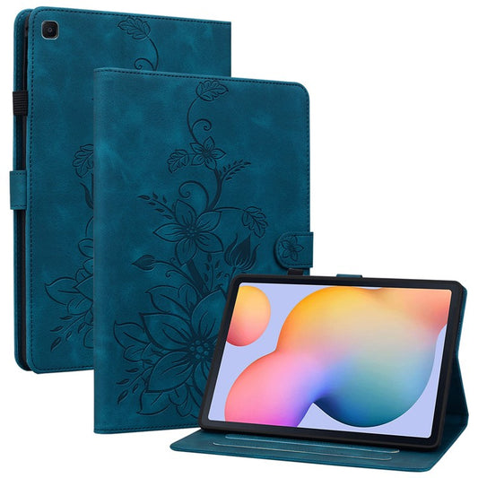 For Samsung Galaxy Tab S6 Lite (2020) / (2022) / (2024) Case Lily Flower Imprint Card Holder Leather Tablet Cover - Blue