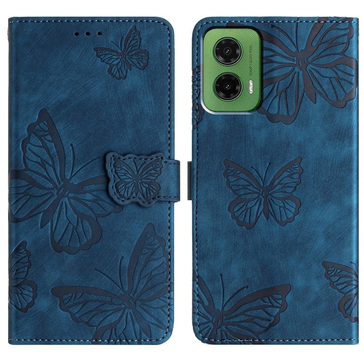 For Motorola Moto G35 5G Case Butterfly Design Flip Wallet Leather Phone Cover Skin-Touch - Blue