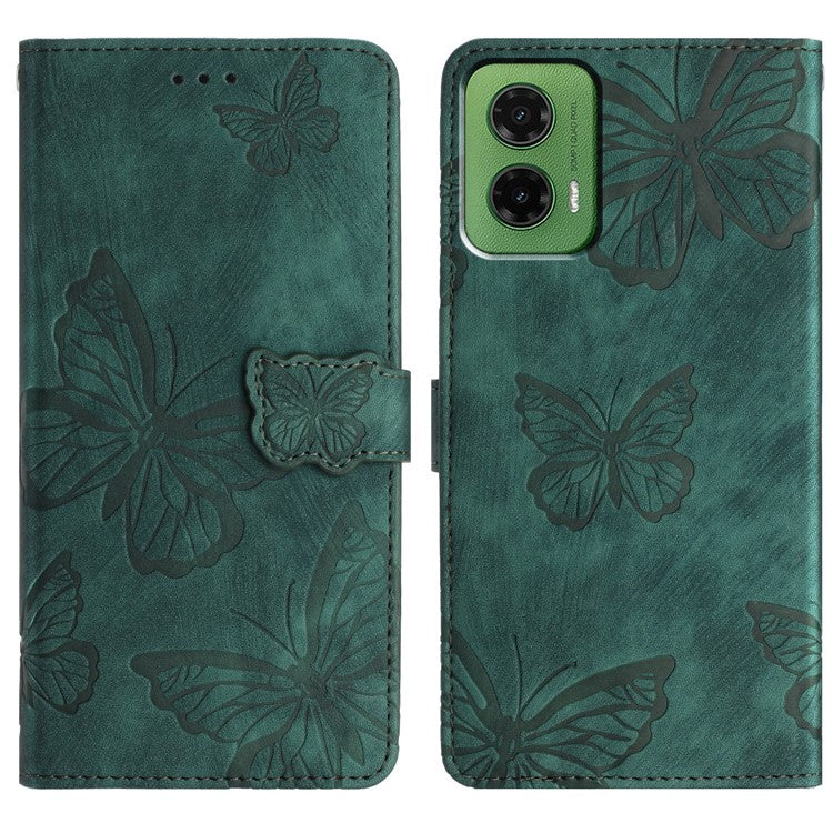For Motorola Moto G35 5G Case Butterfly Design Flip Wallet Leather Phone Cover Skin-Touch - Green