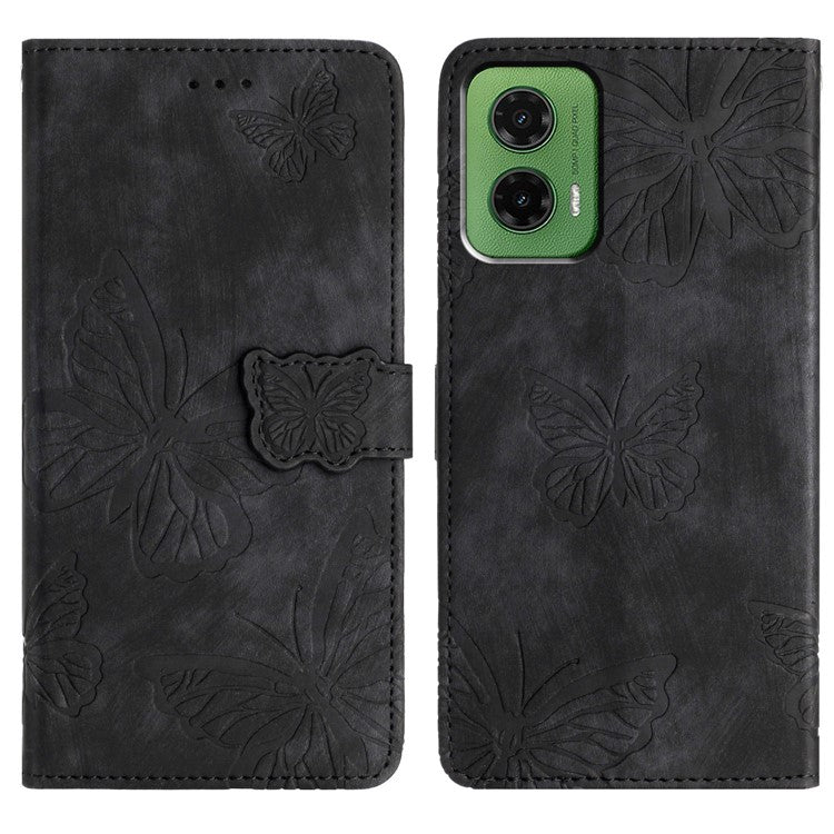 For Motorola Moto G35 5G Case Butterfly Design Flip Wallet Leather Phone Cover Skin-Touch - Black