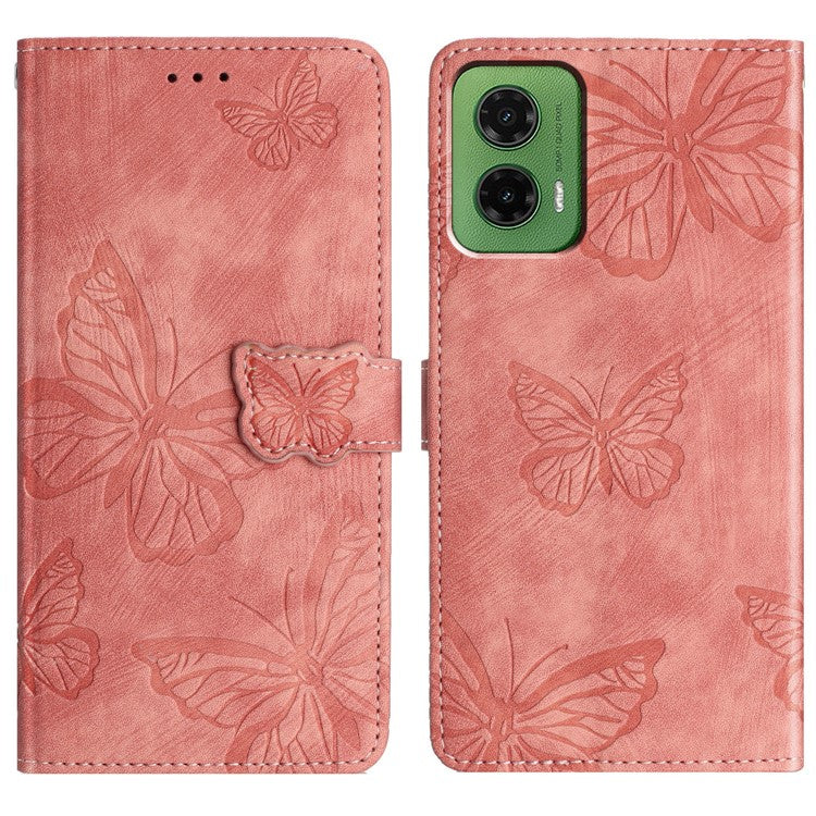 For Motorola Moto G35 5G Case Butterfly Design Flip Wallet Leather Phone Cover Skin-Touch - Pink
