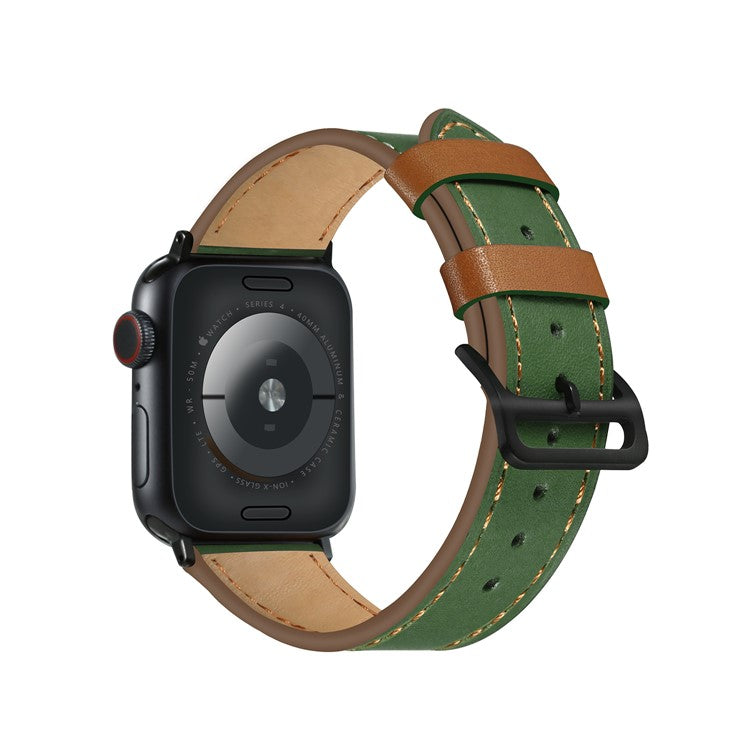 Fresh Contrast Color Genuine Leather Watch Strap for Apple Watch Series 10 42mm / 9 8 7 41mm / SE (2023) SE (2022) SE 6 5 4 40mm / 3 2 1 38mm - Green / Brown Line