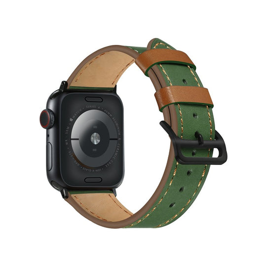 Fresh Contrast Color Genuine Leather Watch Strap for Apple Watch Series 10 42mm / 9 8 7 41mm / SE (2023) SE (2022) SE 6 5 4 40mm / 3 2 1 38mm - Green / Brown Line