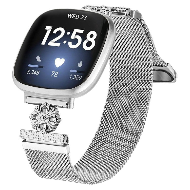 For Fitbit Versa 4 / Sense 2 Milanese Band Flower Stainless Steel Magnetic Mesh Watch Strap - Silver