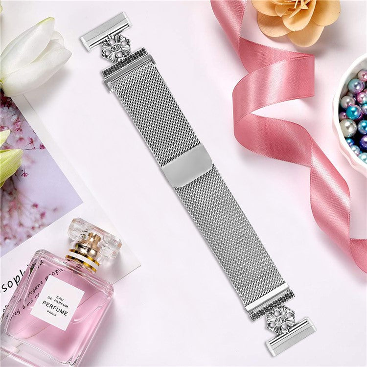 For Fitbit Versa 4 / Sense 2 Milanese Band Flower Stainless Steel Magnetic Mesh Watch Strap - Silver
