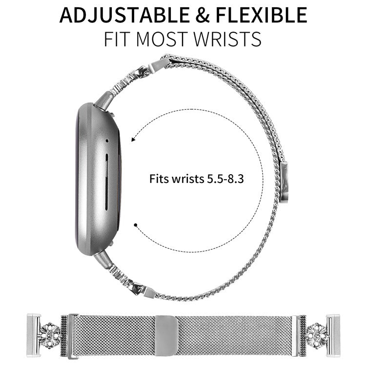 For Fitbit Versa 4 / Sense 2 Milanese Band Flower Stainless Steel Magnetic Mesh Watch Strap - Silver