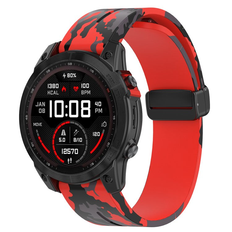 22mm Watch Strap For Garmin Fenix 8 47mm  /  Fenix 7  /  6 Camouflage Silicone Watchband with Magnetic Black Buckle - Camo Red