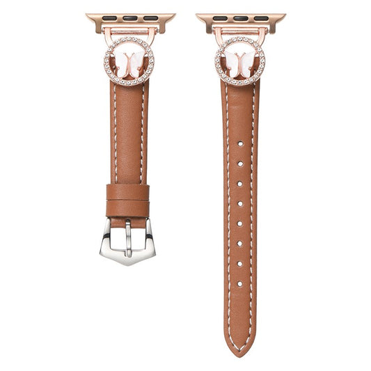 Leather Strap for Apple Watch Series 10 9 8 7 SE 6 5 4 3 2 1 42mm 41mm 40mm 38mm Rhinestone Butterfly Band - Brown+Rose Gold Buckle