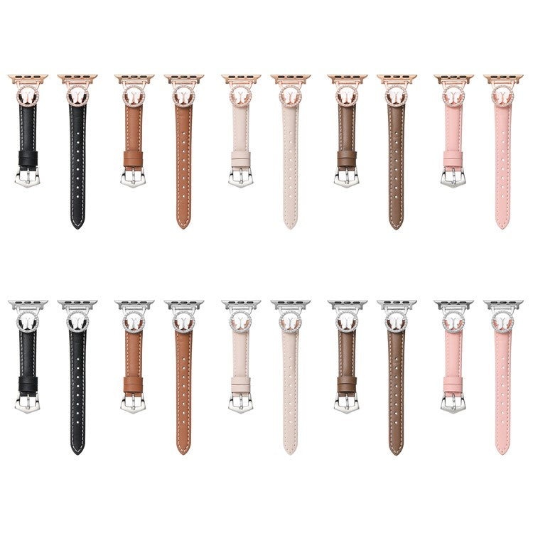 Leather Strap for Apple Watch Series 10 9 8 7 SE 6 5 4 3 2 1 42mm 41mm 40mm 38mm Rhinestone Butterfly Band - Brown+Rose Gold Buckle