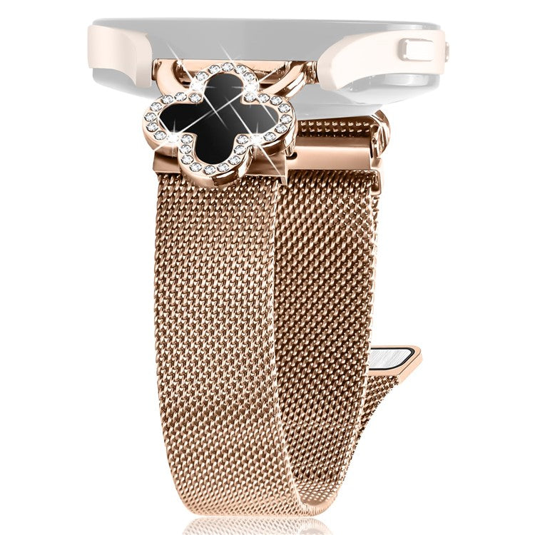 For Haylou BLING LS12 Milanese Band Clover Decor Electroplated Stainless Steel Strap, Size: L - Rose Gold  /  Black