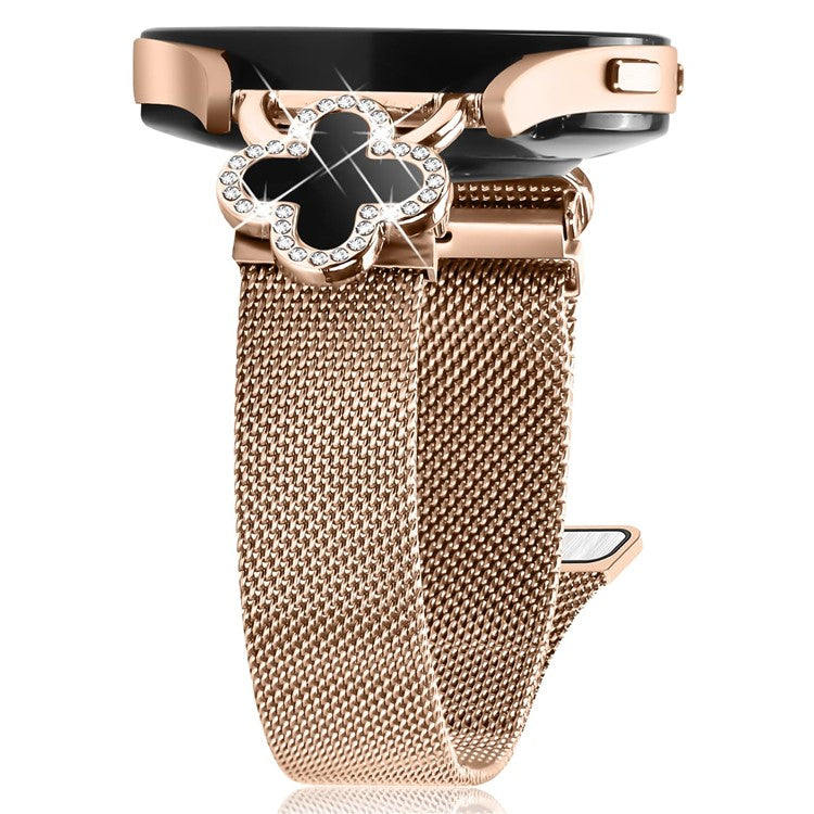 For Haylou BLING LS12 Milanese Band Clover Decor Electroplated Stainless Steel Strap, Size: L - Rose Gold  /  Black