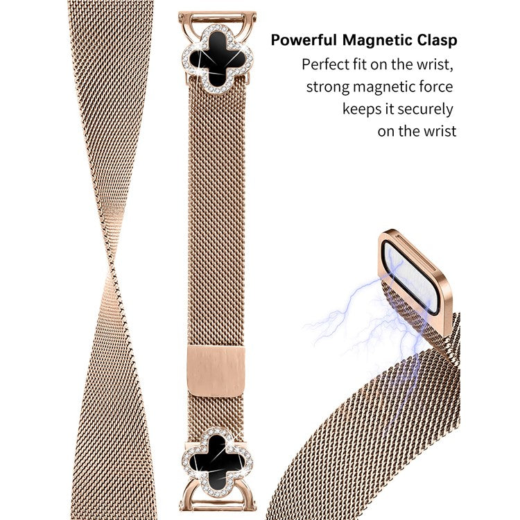 For Haylou BLING LS12 Milanese Band Clover Decor Electroplated Stainless Steel Strap, Size: L - Rose Gold  /  Black