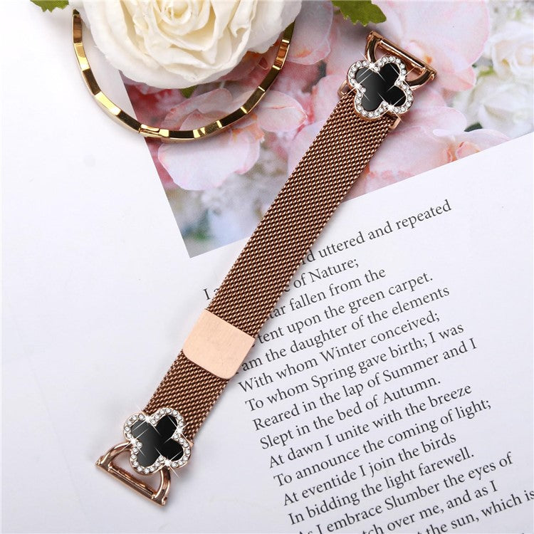 For Haylou BLING LS12 Milanese Band Clover Decor Electroplated Stainless Steel Strap, Size: L - Rose Gold  /  Black