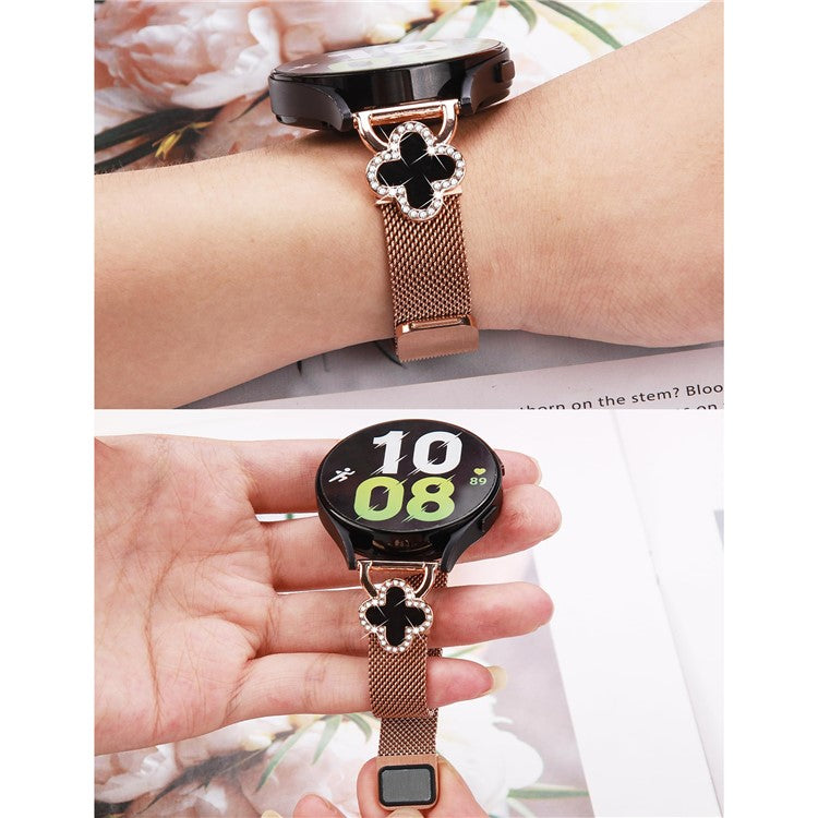 For Haylou BLING LS12 Milanese Band Clover Decor Electroplated Stainless Steel Strap, Size: L - Rose Gold  /  Black