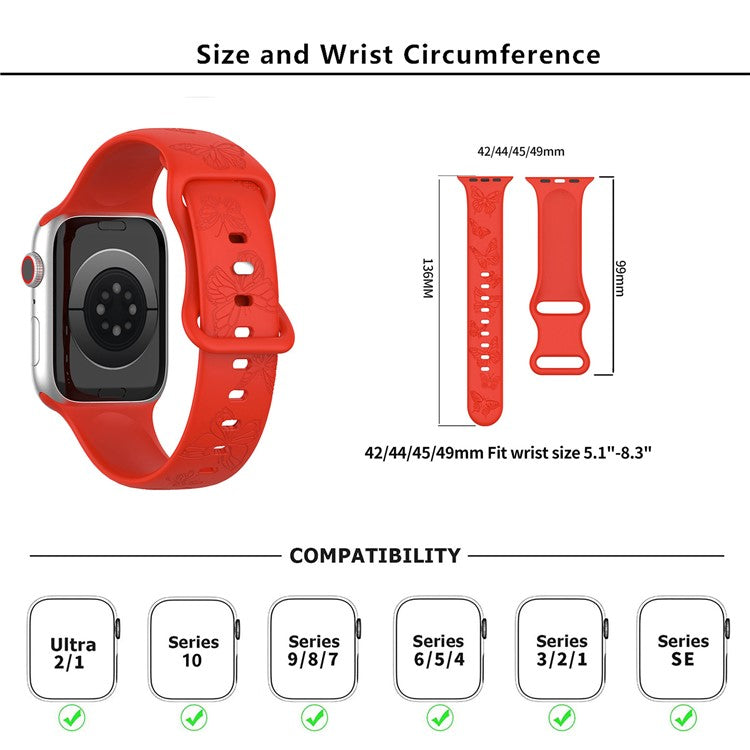 KALEBOL Butterfly Imprint Watch Strap for Apple Watch Series 10 Ultra 9 8 7 SE 6 5 4 3 2 1 46mm 49mm 45mm 44mm 42mm Silicone Band - Pink