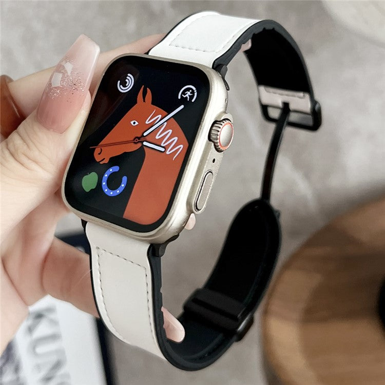 KALEBOL Magnetic Watch Strap for Apple Watch Series 10 Ultra 9 8 7 SE 6 5 4 3 2 1 46mm 49mm 45mm 44mm 42mm Leather+Silicone Band - White