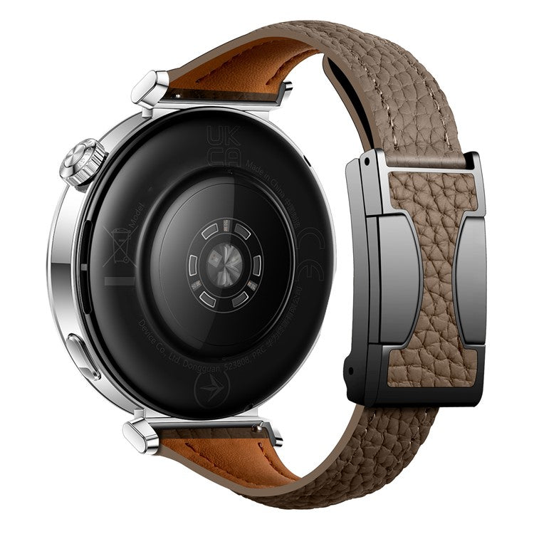 18mm Genuine Cow Leather Strap for Garmin Venu 3S  /  Forerunner 265S  /  Forerunner 255S Litchi Texture Magnetic Buckle Watch Band - Tan