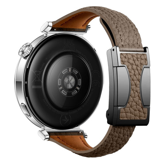 18mm Genuine Cow Leather Strap for Garmin Venu 3S  /  Forerunner 265S  /  Forerunner 255S Litchi Texture Magnetic Buckle Watch Band - Tan