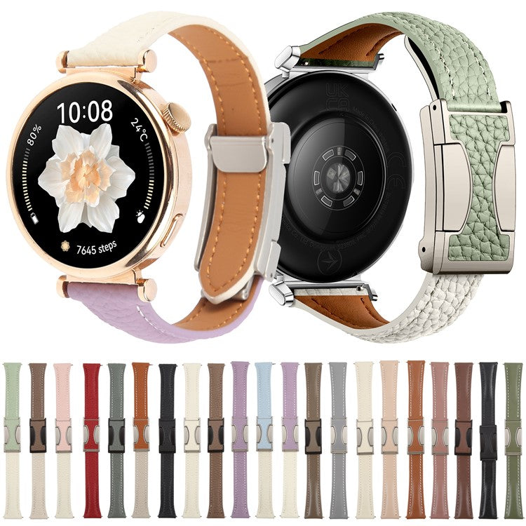 18mm Genuine Cow Leather Strap for Garmin Venu 3S  /  Forerunner 265S  /  Forerunner 255S Litchi Texture Magnetic Buckle Watch Band - Tan