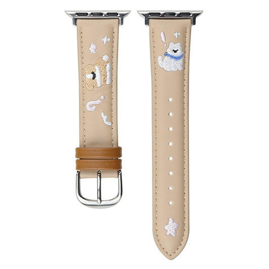 Leather Strap for Apple Watch Series 10 9 8 7 SE 6 5 4 3 2 1 42mm 41mm 40mm 38mm Cat Embroidery Adjustable Band - Apricot
