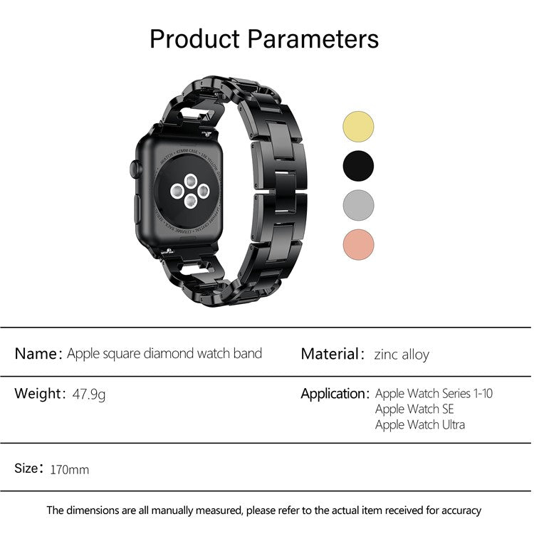 KALEBOL Square Watch Band for Apple Watch Series 10 9 8 7 SE 6 5 4 3 2 1 42mm 41mm 40mm 38mm Zinc Alloy Rhinestone Wrist Strap -  Silver