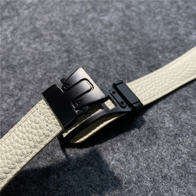 18mm Genuine Cow Leather Strap for Huawei Watch GT 5 41mm / GT 4 41mm / Garmin Venu 3S Litchi Texture Magnetic Buckle Watch Band - Apricot