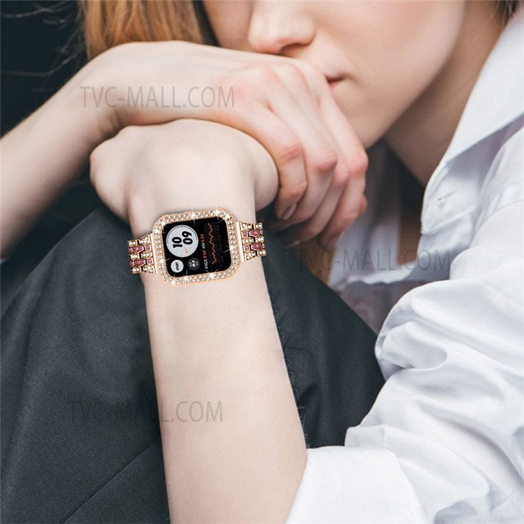 Five Beads Rhinestone Metal Watchband Strap + Anti-scratch Protective Watch Cover Case for Apple Watch Series 3/2/1 42mm - Rose Gold/Rose/Rose Gold